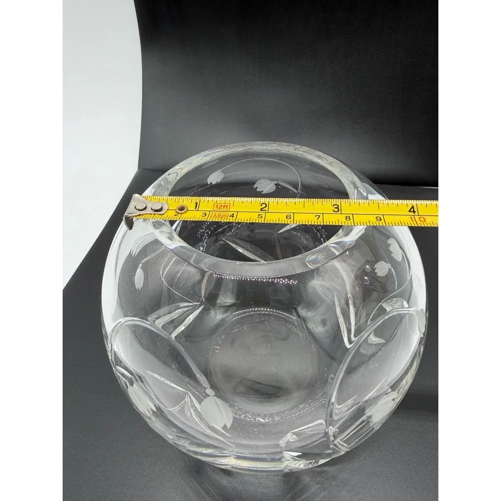 Tiffany & Co Crystal‎ Rose Bowl Vase Snowdrop Etched Floral Glass Round 5 Inch